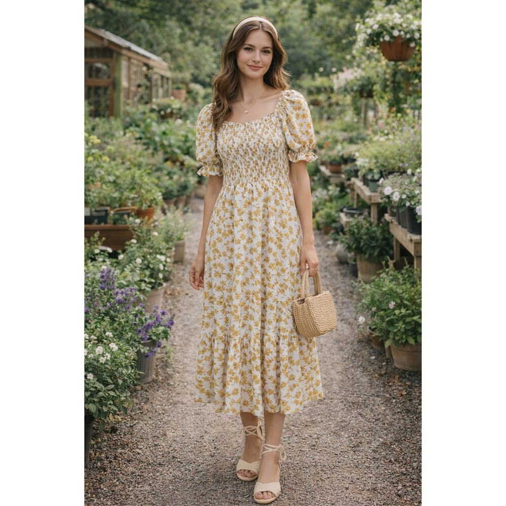 Smocked Square-Neck Midi Dress in Yellow Floral